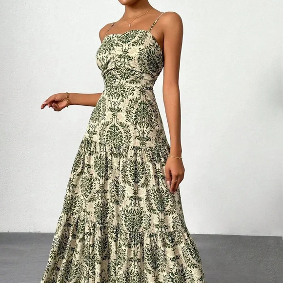 Army Green Boho Women's Vacation Printed Bohemian Backless Maxi Cami Dress - Picture 7 of 9